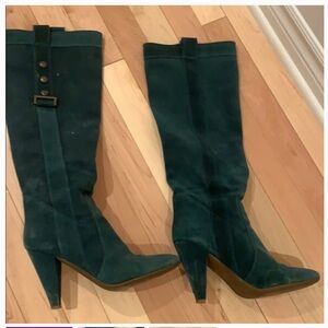 FORNARINA Suede Knee High Cone Heel Slouchy Boot Teal Green Petrol Y2K Vintage